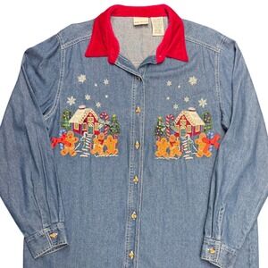 Bobbie Brooks Christmas Denim Shirt Gingerbread Holiday Embroidered Womens L